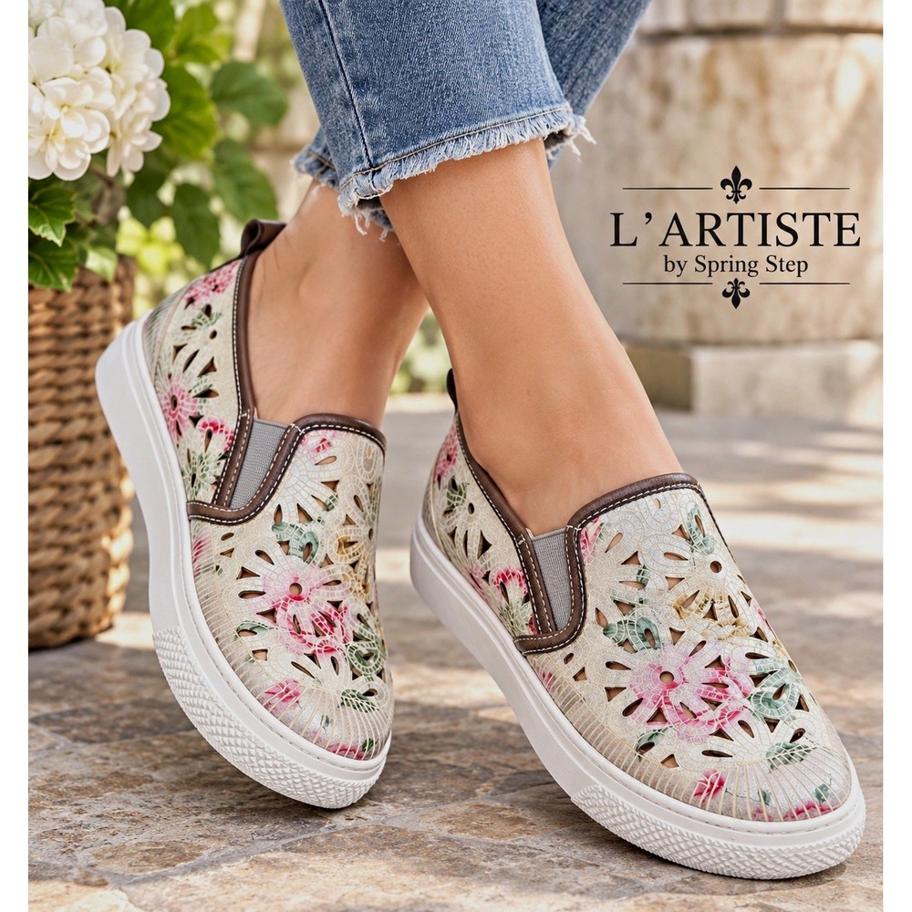 L'Artiste by Spring Step Floral Cutout Leather Slip-On Sneaker Beige Pink 8.5 39